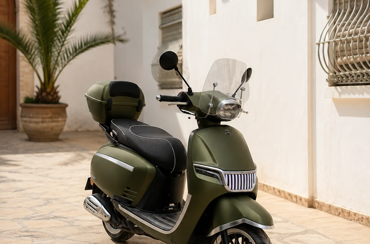 Scooter vert olive dans une cour marocaine ensoleillée