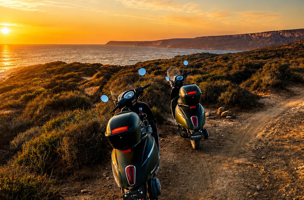 Deux scooters au coucher du soleil sur la côte d’Imsouane