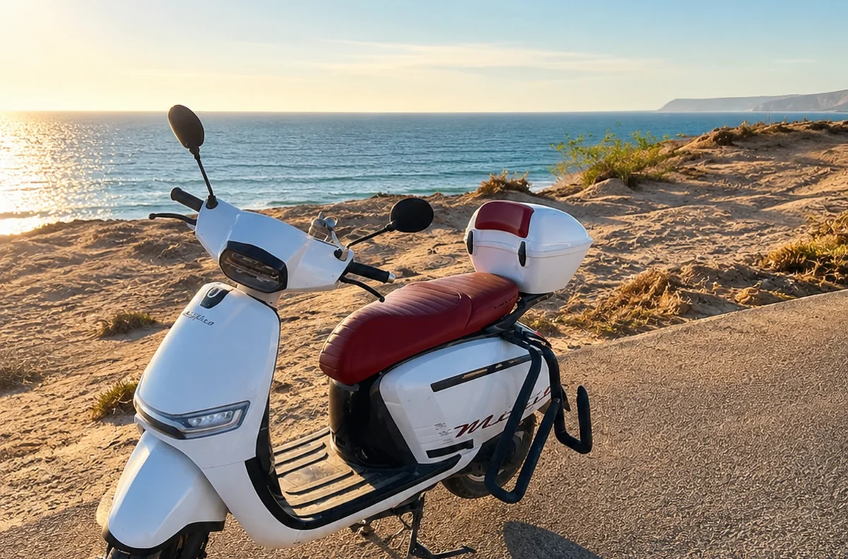 Scooter blanc près de la côte atlantique à Imsouane