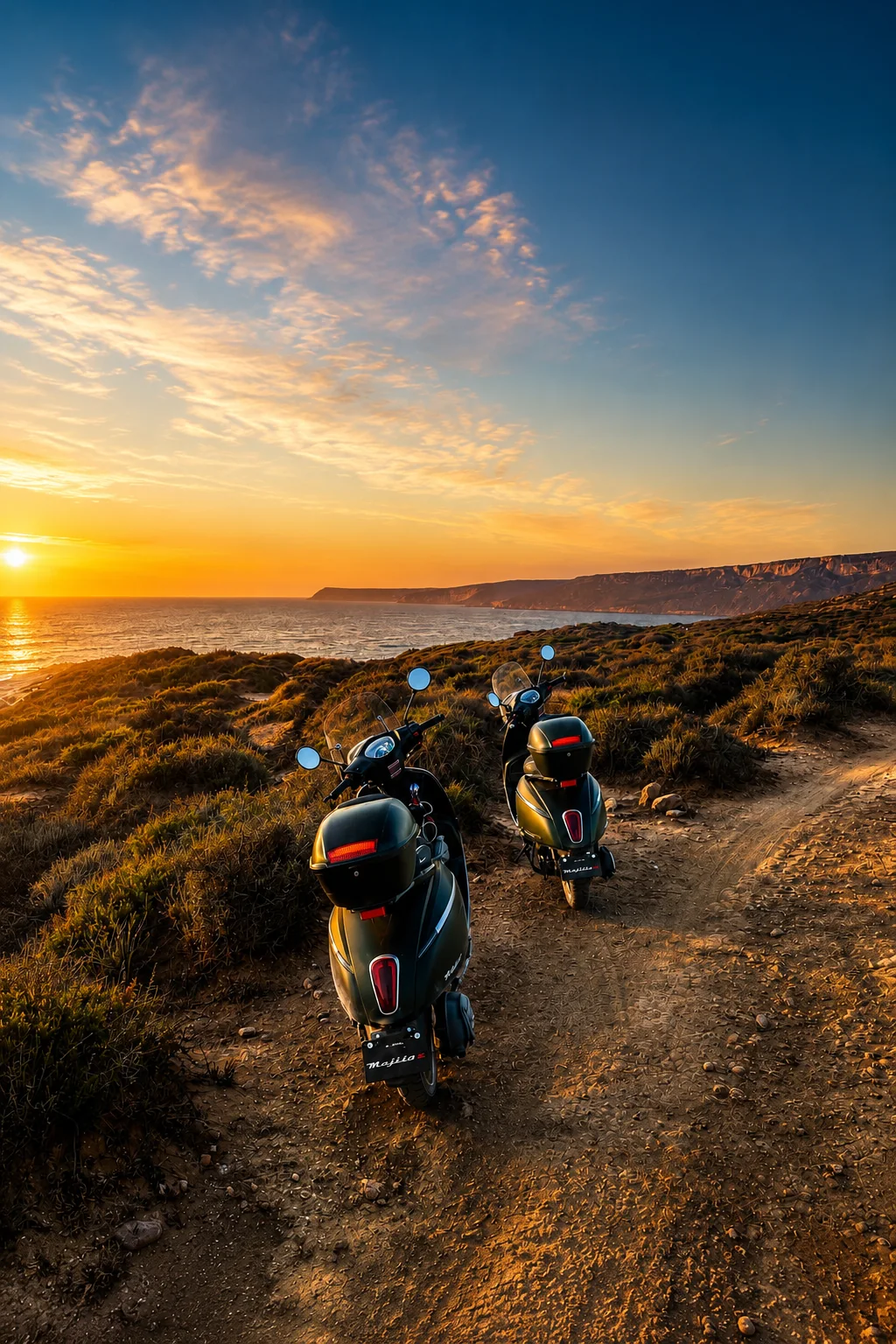 Two scooters overlooking the Atlantic at sunset near Imsouane