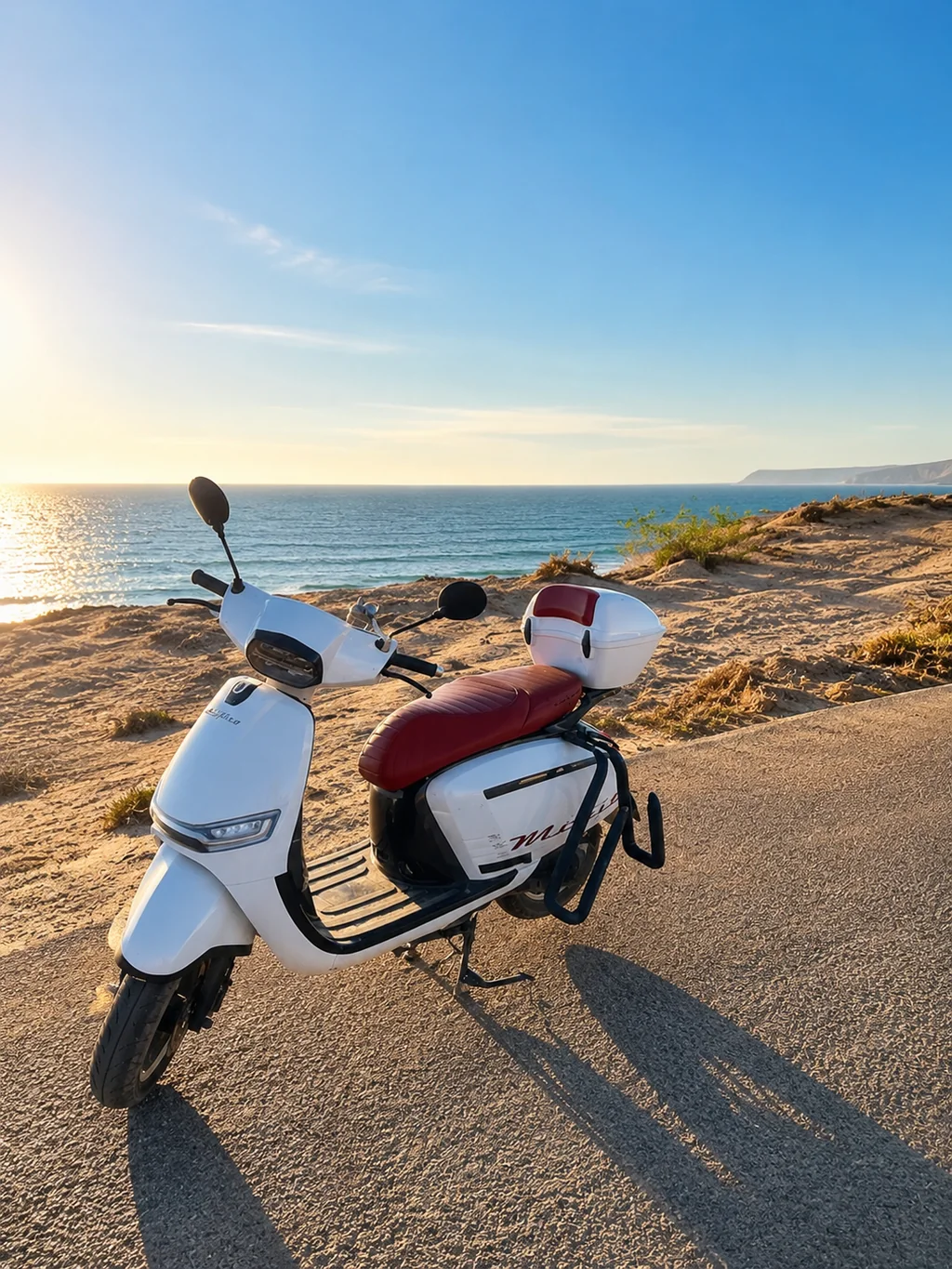 White scooter beside the Atlantic coast near Imsouane